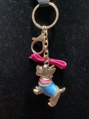 Juicy Couture Gold Dog Keychain with Pink Bow and Blue Coat